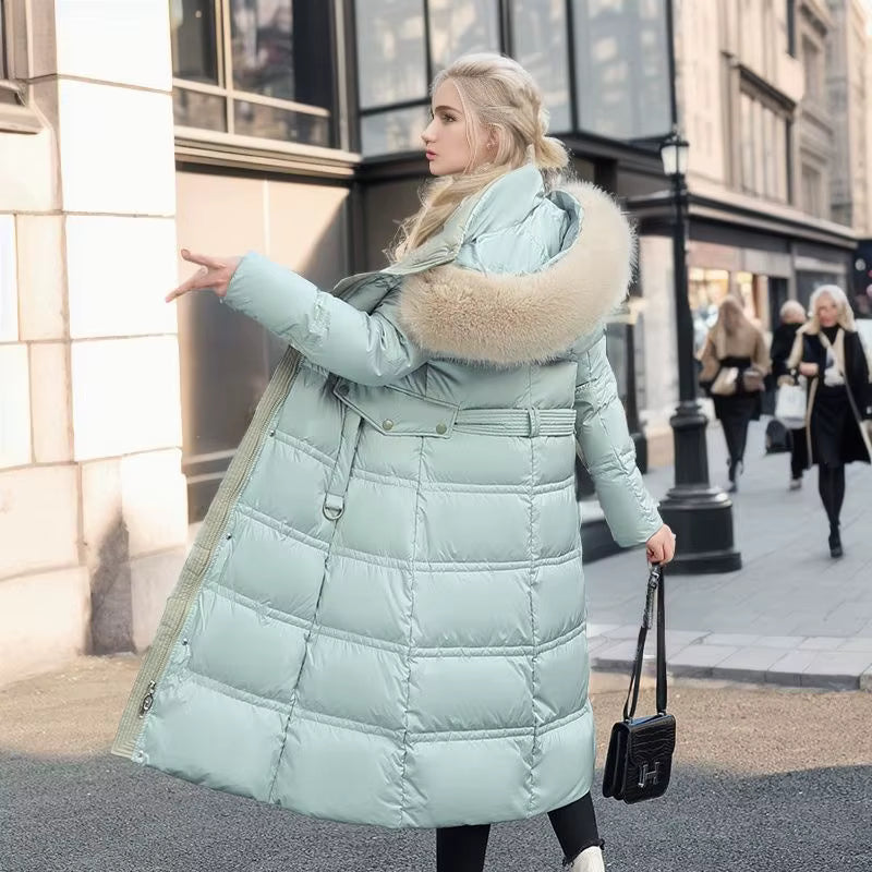 Long Winter Coat for Women with Fur Collar – Warm Padded Parka with Waistband