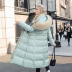Long Winter Coat for Women with Fur Collar – Warm Padded Parka with Waistband