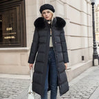 Long Winter Coat for Women with Fur Collar – Warm Padded Parka with Waistband