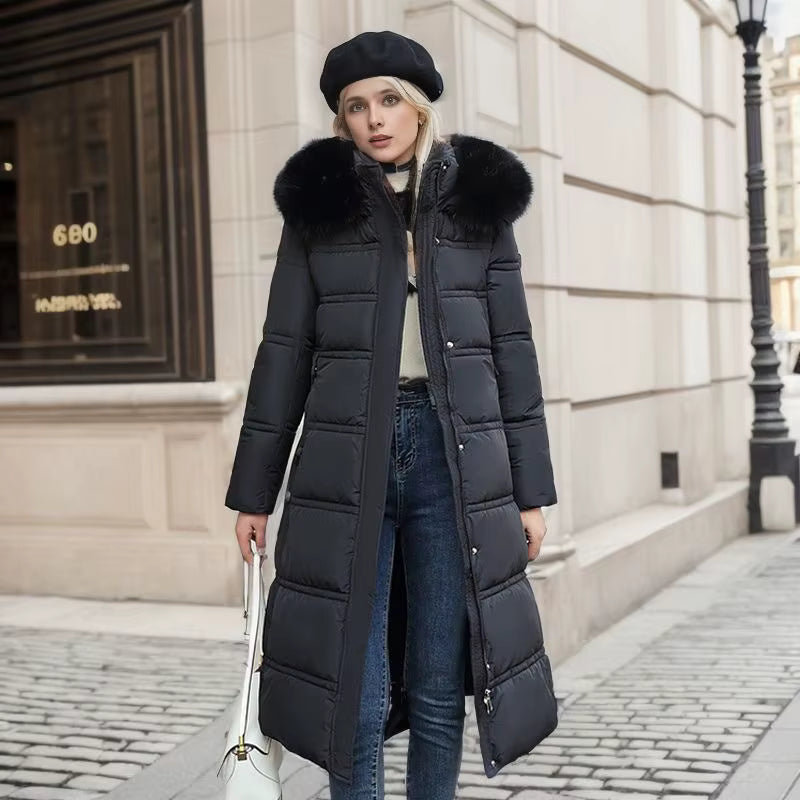 Long Winter Coat for Women with Fur Collar – Warm Padded Parka with Waistband