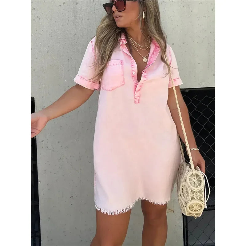 Casual Women's Short Sleeve Denim Dress with Buttons and Tassel Hem – Trendy Tunic Style