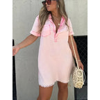 Casual Women's Short Sleeve Denim Dress with Buttons and Tassel Hem – Trendy Tunic Style