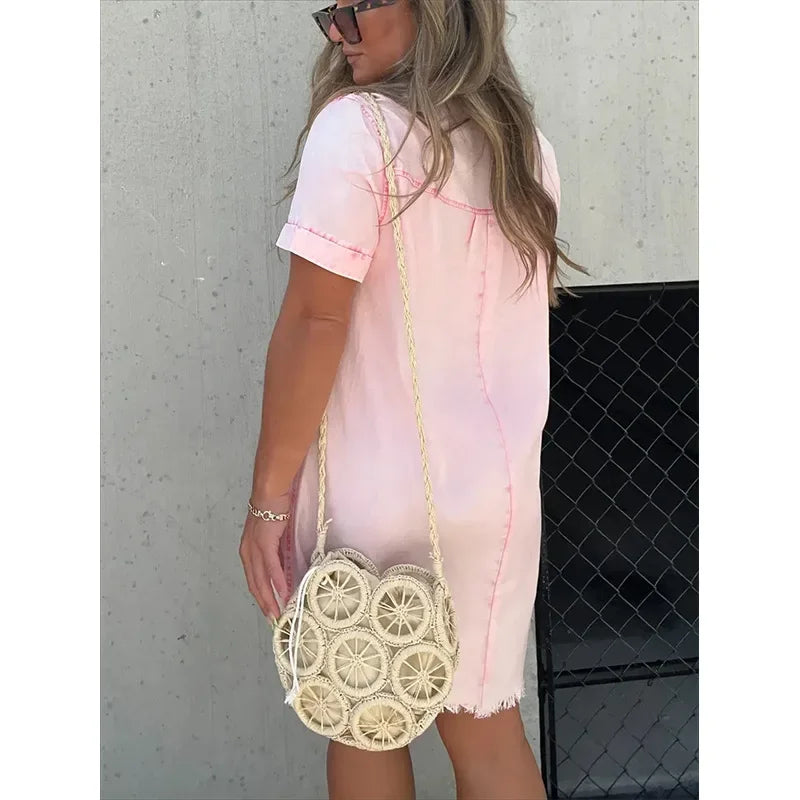 Casual Women's Short Sleeve Denim Dress with Buttons and Tassel Hem – Trendy Tunic Style