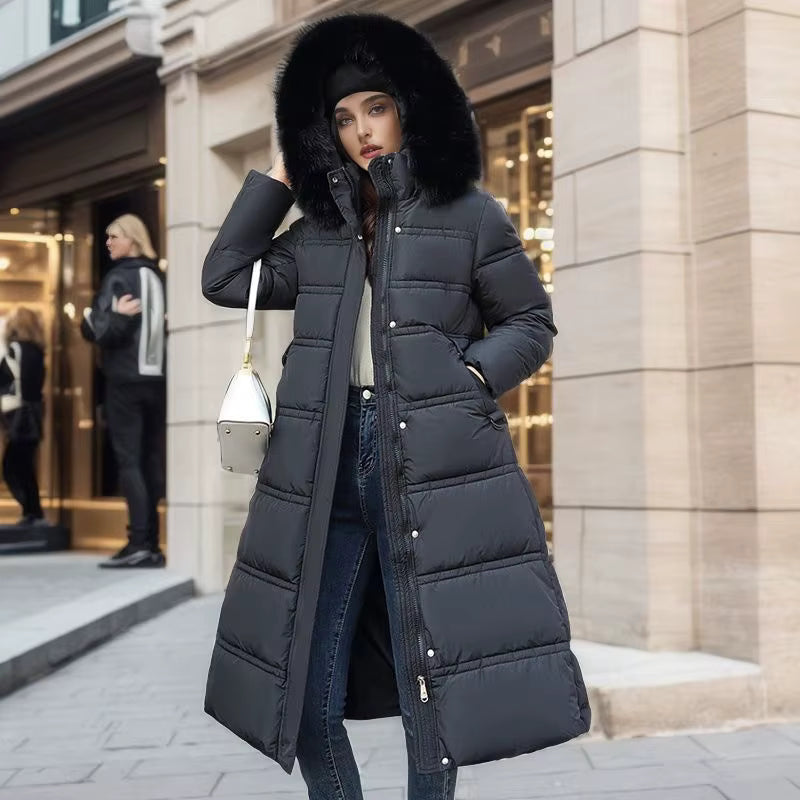 Long Winter Coat for Women with Fur Collar – Warm Padded Parka with Waistband