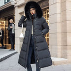Long Winter Coat for Women with Fur Collar – Warm Padded Parka with Waistband