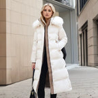 Long Winter Coat for Women with Fur Collar – Warm Padded Parka with Waistband