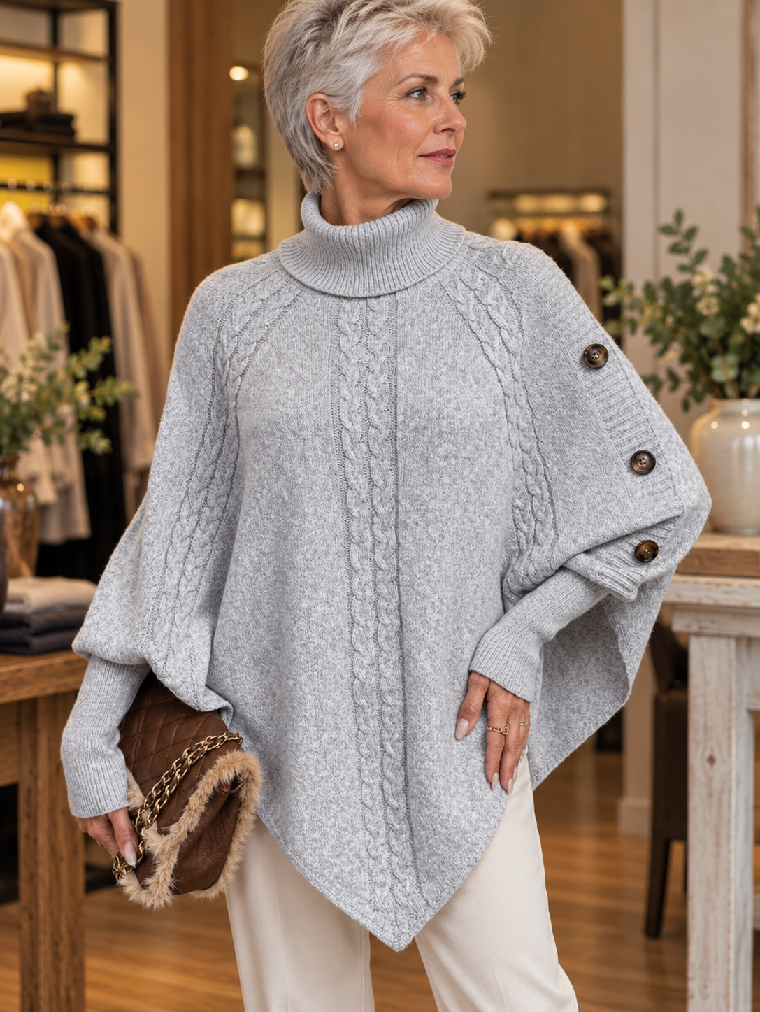 Elodie | Elegant High-Neck Cable Knit Poncho