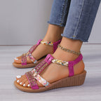 Bonvieve | Women’s Summer Sandals – Bohemian Wedge Heels with Rhinestones | Comfortable Platform