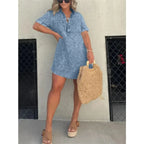 Casual Women's Short Sleeve Denim Dress with Buttons and Tassel Hem – Trendy Tunic Style