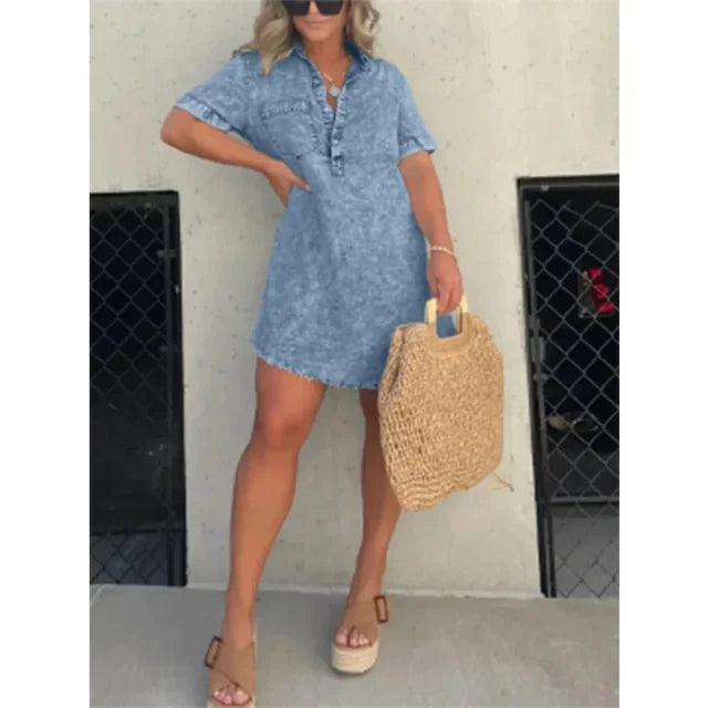 Casual Women's Short Sleeve Denim Dress with Buttons and Tassel Hem – Trendy Tunic Style
