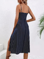 Bonvieve | Elegante Marineblauwe Polkadot Midi Jurk