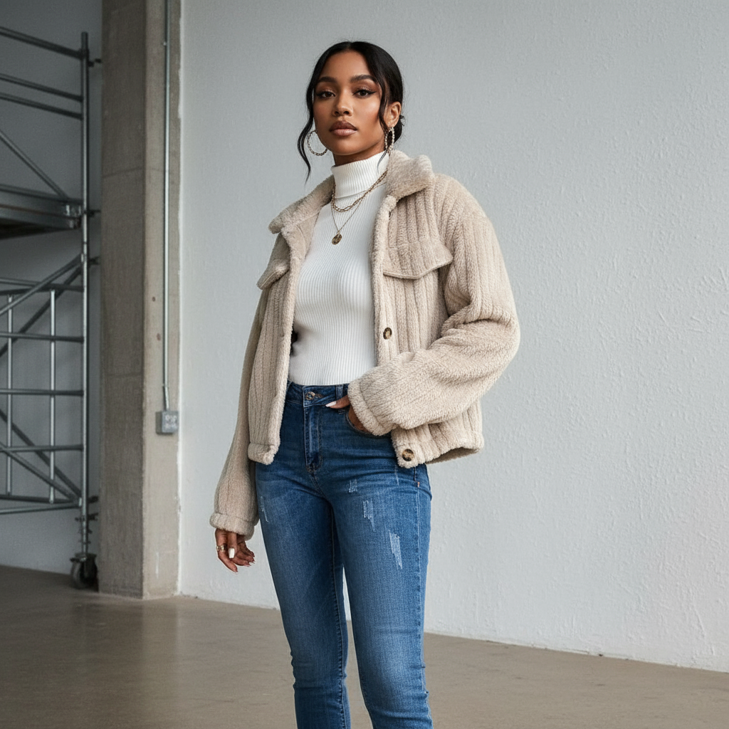 Thickened plush coat women fashionable warm collar autumn winter short style casual outerwear loose fit full sleeve